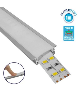 GloboStar® RECESS-PROFILE 70811-1M Προφίλ Αλουμινίου - Βάση & Ψύκτρα Ταινίας LED με Λευκό Γαλακτερό Κάλυμμα - Χωνευτή Χρήση - Πατητό Κάλυμμα - Ασημί - 1 Μέτρο - Μ100 x Π3 x Υ1.1cm